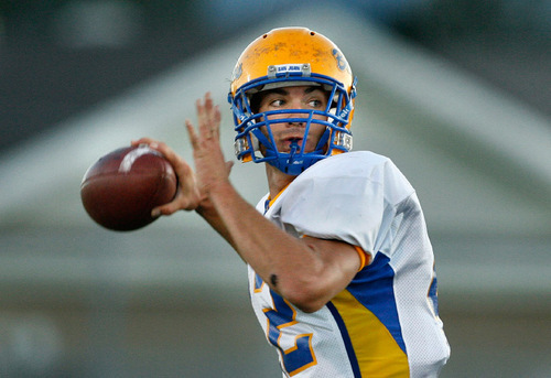 Scott Sommerdorf  l  The Salt Lake Tribune&#xA;San Juan QB Cameron Shumway (42) looks to pass during first half play against Grantsville. The 2A San Juan Broncos beat the 3A Grantsville Cowboys 18-7, Friday, September 10, 2010.