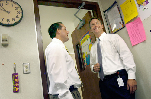 Scott Sommerdorf  l  The Salt Lake Tribune&#xA;Martin Bates, right, the new Granite School District superintendent, speaks with Plymouth Elementary principal Tysen Fausett as they visited a classroom in session at Plymouth Elementary.