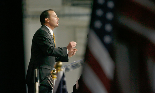 STEVE GRIFFIN | Tribune file photo
A fired-up Senate candidate Mike Lee talks to delegates attending the Republican convention at the Salt Palace Convention Center in May. The GOP nominee says his views are mainstream in conservative Utah.
