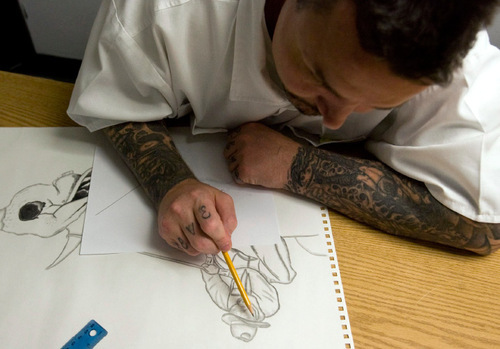 Steve Griffin  |  The Salt Lake Tribune&#xA;Inmate Forrest Whittle works on a pencil drawing of a cowboy during an art class at the Utah State Prison in Riverton on Tuesday, September 7, 2010.