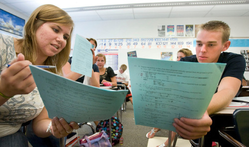 Steve Griffin  |  The Salt Lake Tribune
Davis High School seniors Kelsey Richardson and Ben Simpson review problems Monday they missed on their test in Tracey Meade's AP Calculus BC in Kaysville.