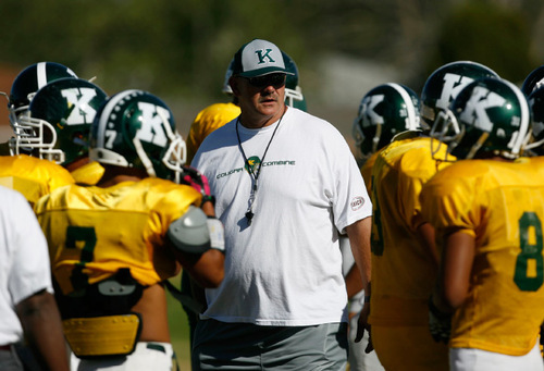 Francisco Kjolseth  |  The Salt Lake Tribune
The young Kearns team, led by quarterback J.R. Finai, are off to another solid start as the team practices under the guidance of coach Bill Cosper on their field in Kearns.
Kearns, Sept. 13, 2010.