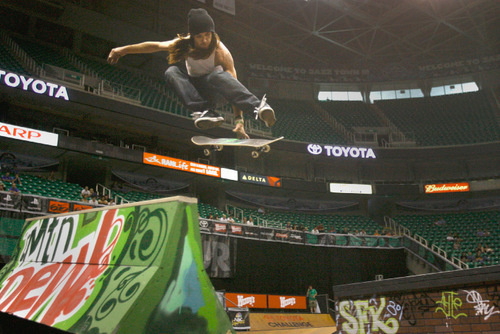 Rick Egan | The Salt Lake Tribune  
24-year-old local skate boarder, Adam Dyet, Tooelle, competes in the preliminary round of the Skateboard Park competition at the Energy Solutions Arena, Thursday, September 17,  2009.