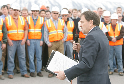 RICK EGAN  |  The Salt Lake Tribune
Gov. Gary Herbert is pictured here kicking off the I -15 expansion  (I-15 Core) project last March. He speaks to more than 250 workers from Provo River Constructors, a consortium that won the $1.1 billion contract. Controversy has arisen over a $13 million payment to a losing bidder and allegations of favortism toward campaign contributors by gubernatorial candidate Peter Corroon.