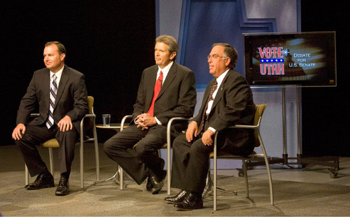 Paul Fraughton  |  The Salt Lake Tribune  
Candidates in the U.S. senate race, from left, Mike Lee, Republican, Scott Bradley, Constitution Party, and Sam Granato, Democrat, tape a debate Thursday in the KUED studios where they fielded questions from a studio audience.