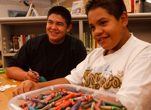 Leah Hogsten  |  The Salt Lake Tribune

Brothers Jose Cortez, 16, left, and Chris Begay, 11, decorated bookmarks to take home on Staruday. The Bennion Center volunteers gave books to children, knitted caps for newborns at Primary Children's Hospital and made quilts for refugees during its seventh annual day of service at Parkview Elementary on Saturday in Salt Lake City.