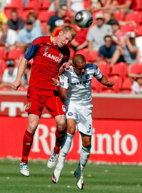 Leah Hogsten  |  The Salt Lake Tribune &#xA;Real's Nat Borchers gets the header over Chicago's Calen Carr. &#xA;Real Salt Lake defeated the Chicago Fire 1-0  at Rio Tinto Stadium Saturday, September 18, 2010, in Sandy.