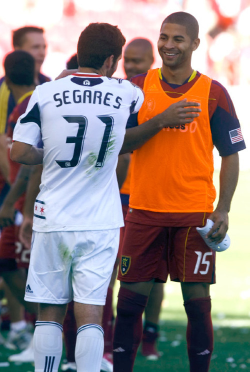 Leah Hogsten  |  The Salt Lake Tribune &#xA;Real's Alvaro Saborio and Chicago's Gonzalo Segares share a laugh after the game. &#xA;Real Salt Lake defeated the Chicago Fire 1-0  at Rio Tinto Stadium Saturday, September 18, 2010, in Sandy.