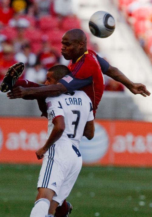 Leah Hogsten  |  The Salt Lake Tribune 
Real's Jamison Olave hugs Chicago's Calen Carr trying to gain possession. 
Real Salt Lake defeated the Chicago Fire 1-0  at Rio Tinto Stadium Saturday, September 18, 2010, in Sandy.