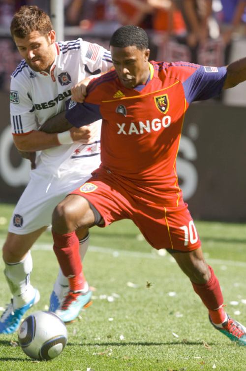 Leah Hogsten  |  The Salt Lake Tribune &#xA;Chicago's Gonzalo Segares and Real's Robbie Findley fight for possession. &#xA;Real Salt Lake defeated the Chicago Fire 1-0  at Rio Tinto Stadium Saturday, September 18, 2010, in Sandy.