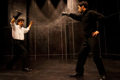 Chris Detrick  |  The Salt Lake Tribune &#xA;Michael Zlabinger, playing the part of 'Laertes,' left, and Michael Crane, playing the part of 'Hamlet,' act out a scene during a rehearsal of 