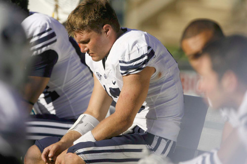 Trent Nelson  |  The Salt Lake Tribune
BYU quarterback Riley Nelson on the bench in the fourth quarter as BYU trails Air Force 35-14 at the Air Force Academy, college football Saturday, September 11, 2010.