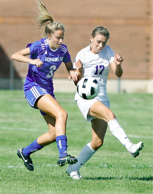 Scott Sommerdorf  l  The Salt Lake Tribune&#xA;Taylorsville's Dani Perez (17) battles for the ball against Bingham forward Liz Christensen (3) during first half play. Bingham beat Taylorsville 5-1 in a girl's soccer game played at Taylorsville, Thursday, September 16, 2010.