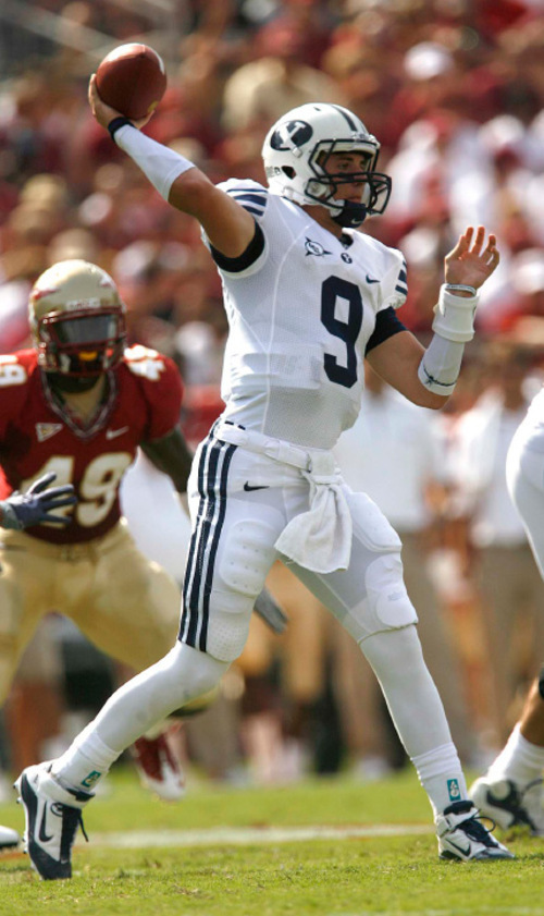 Trent Nelson  |  The Salt Lake Tribune&#xA;BYU quarterback Jake Heaps (9) in the first quarter, BYU vs. Florida State, college football Saturday, September 18, 2010 at Doak Campbell Stadium in Tallahassee, Florida.