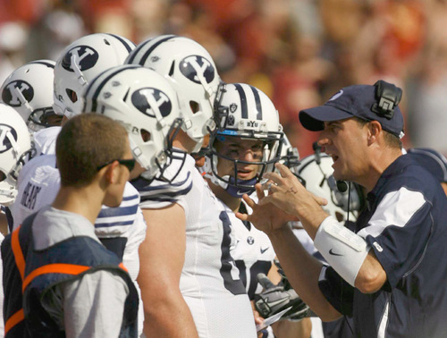 Trent Nelson  |  The Salt Lake Tribune
BYU quarterbacks coach Brandon Doman fires up the offense in the second quarter, BYU vs. Florida State, college football Saturday, September 18, 2010 at Doak Campbell Stadium in Tallahassee, Florida.
