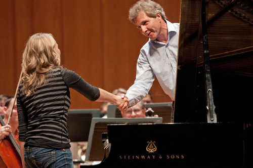 Michael Mangum  |  The Salt Lake Tribune
Music Director Thierry Fischer thanks Natalie Coombs at a rehearsal with the Utah Symphony  at Abravanel Hall in Salt Lake City on Monday, September 20, 2010. The Salute to Youth performance will feature nine local soloists and will be held on Tuesday, September 28, 2010.