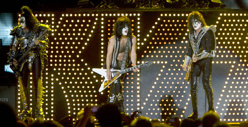 Steve Griffin  |  The Salt Lake Tribune
Gene Simmons, Paul Stanley and Tommy Thayer of Kiss perform in concert at Rio Tinto Stadium in Sandy on Wednesday, Sept. 22, 2010.
