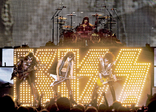 Steve Griffin  |  The Salt Lake Tribune
Gene Simmons, Paul Stanley, Tommy Thayer and Eric Singer of Kiss perform at Rio Tinto Stadium in Sandy on Wednesday, Sept. 22, 2010.