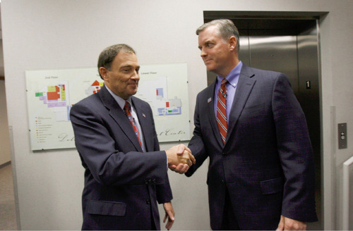 Francisco Kjolseth  |  The Salt Lake Tribune&#xA;Gov. Gary Herbert, left, and his challenger, Salt Lake County Mayor Peter Corroon shake hands Thursday just before their first  gubernatorial debate at the Eccles Broadcast Center on the campus of the University of Utah campus.