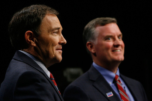 Francisco Kjolseth  |  The Salt Lake Tribune&#xA;Governor Gary Herbert, left, and gubernatorial candidate Peter Corroon get ready for their debate at the Eccles Broadcast Center on the University of Utah campus on Thursday, Sept. 23, 2010 before a live studio audience.