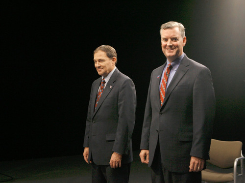 Francisco Kjolseth  |  The Salt Lake Tribune&#xA;Governor Gary Herbert, left, and gubernatorial candidate Peter Corroon get ready for their debate at the Eccles Broadcast Center on the University of Utah campus on Thursday, Sept. 23, 2010, before a live studio audience.