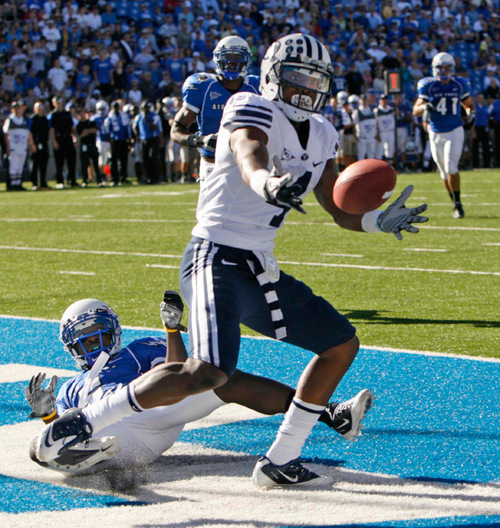 Trent Nelson  |  The Salt Lake Tribune
BYU's O'Neill Chambers can't pull in the end zone pass in the fourth quarter as BYU faces Air Force at the Air Force Academy, college football Saturday, September 11, 2010. Air Force wins 35-14.