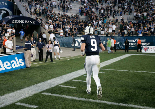 Trent Nelson  |  The Salt Lake Tribune&#xA;BYU quarterback Jake Heaps (9) heads to the locker room after the loss, BYU vs. Nevada, college football Saturday, September 25, 2010 at LaVell Edwards Stadium in Provo.