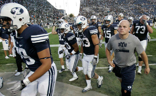Trent Nelson  |  The Salt Lake Tribune&#xA;BYU players head to the locker room after the loss, BYU vs. Nevada, college football Saturday, September 25, 2010 at LaVell Edwards Stadium in Provo.