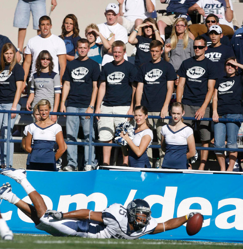 Trent Nelson  |  The Salt Lake Tribune&#xA;Nevada's Rishard Matthews stretches out for the end zone but comes up just short during the first quarter, BYU vs. Nevada, college football Saturday, September 25, 2010 at LaVell Edwards Stadium in Provo.
