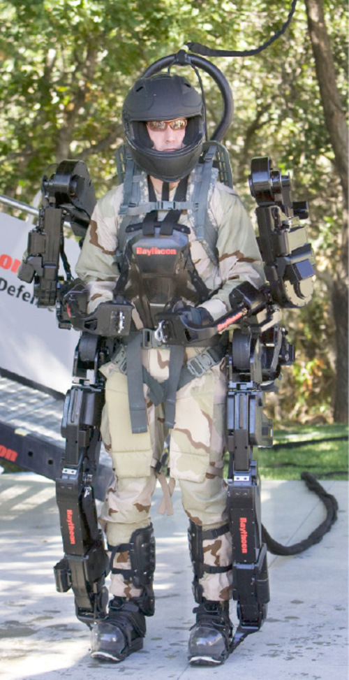 Steve Griffin  |  The Salt Lake Tribune&#xA; &#xA;Wearing the XOS-2 exoskeleton, Rex Jameson, test engineer for Raytheon-Sarcos, gets ready to demonstrate the devices capabilities  at the company's offices in Research Park in Salt Lake City on Thursday, Sept. 23, 2010.