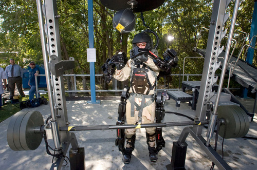 Steve Griffin  |  The Salt Lake Tribune&#xA; &#xA;Wearing the XOS-2 exoskeleton, Rex Jameson, test engineer for Raytheon-Sarcos, punches a speed bag during demonstration at the company's offices in Research Park in Salt Lake City on Thursday, Sept. 23, 2010.