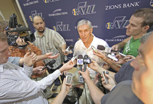 Utah Jazz coach Jerry Sloan talks with reporters during the NBA basketball team's media day in Salt Lake City on Monday, Sept. 27, 2010. (AP Photo/George Frey)