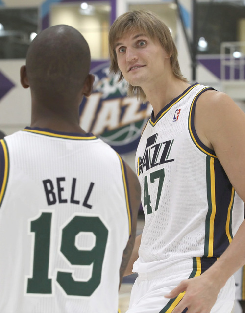 Utah Jazz's Andrei Kirilenko, right, from Russia talks with Raja Bell during the NBA basketball team's media day in Salt Lake City on Monday, Sept. 27, 2010. (AP Photo/George Frey)
