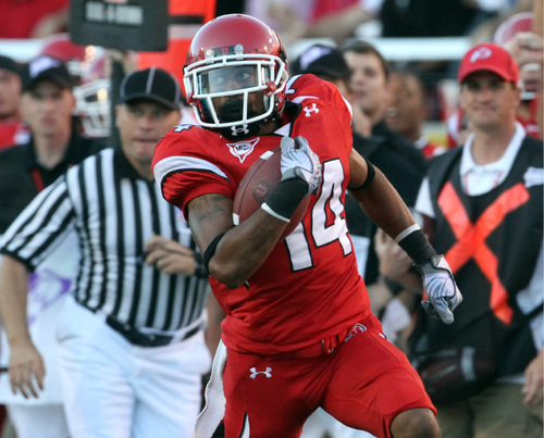 Rick Egan   |  The Salt Lake Tribune&#xA;&#xA;&#xA;Reggie Dunn scores a touchdown for the Utes on the first offensive play of the game, in football action, Utah vs. San Jose State game at Rice-Eccles Stadium, Saturday, September 25, 2010.