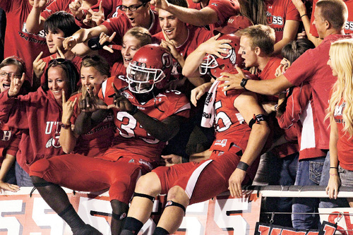 Rick Egan   |  The Salt Lake Tribune&#xA;&#xA;&#xA;Justin Taplin-Ross, and Greg Bird celebrate the Ute's win with fans in the stands, after the Utes defeated the Spartans, in football action,  Utah vs. San Jose State game at Rice-Eccles Stadium, Saturday, September 25, 2010.