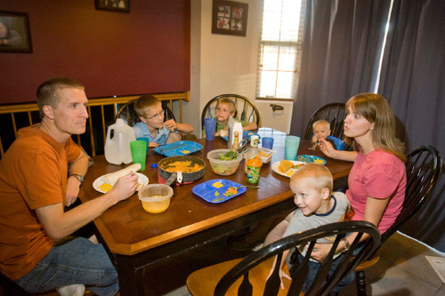 Paul Fraughton  |  The Salt Lake Tribune
The Sorensen family of West Valley City gathers at the dinner table. James and Sherry Sorensen have four boys, from left, Kolby, 8, Nathan, 6, Kaden, 1, and Daxton, 3. They are a typical Utah family but far from average by national standards.