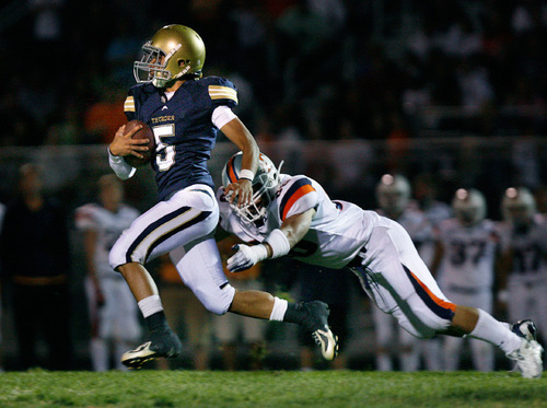 Scott Sommerdorf  l  The Salt Lake Tribune&#xA;Westlake QB John Ursua (5) runs after finding no open receivers during first half play against Timpview. Timpview held a 23-13 lead at the half at Westlake, Friday 10/1/2010.