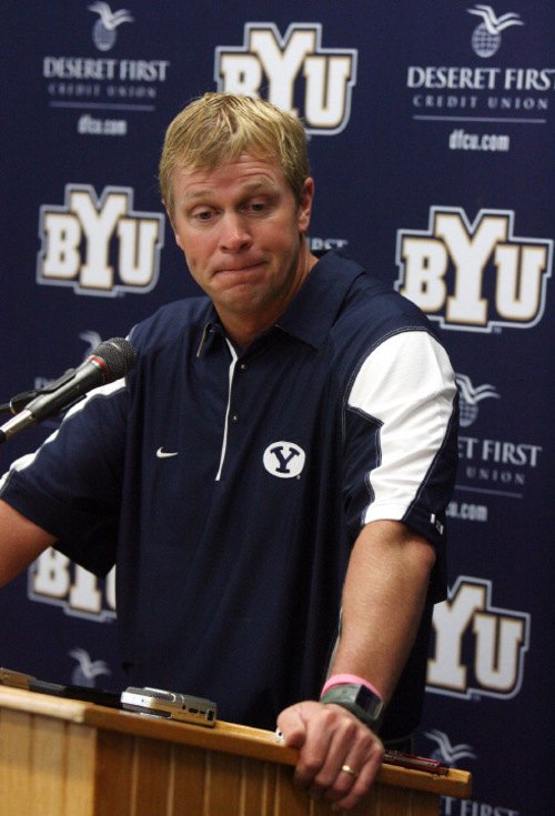 Steve Griffin  |  The Salt Lake Tribune&#xA;&#xA;BYU head football coach Bronco Mendenhall talks to the media during his weekly press conference at the Student-Athlete Building on the BYU campus in Provo Monday, Oct.4, 2010.