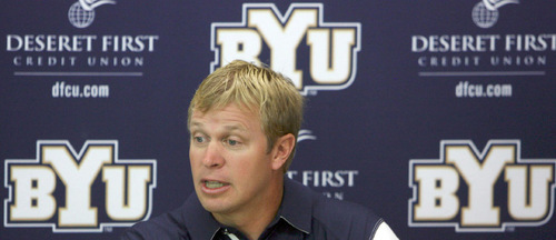 Steve Griffin  |  The Salt Lake Tribune&#xA;&#xA;BYU head football coach Bronco Mendenhall talks to the media during his weekly press conference at the Student-Athlete Building on the BYU campus in Provo on Monday, Oct. 4, 2010.