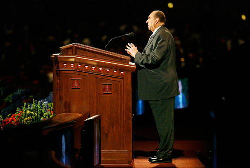 Scott Sommerdorf  l  The Salt Lake Tribune&#xA;&#xA;President Thomas S. Monson addresses the conference center as he announces the end of the session at the afternoon session of LDS General Conference on Sunday.