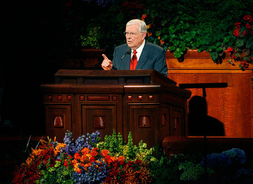 Scott Sommerdorf  l  The Salt Lake Tribune

M. Russell Ballard cautions against temptations from aspects of daily life during the afternoon session of LDS General Conference on Sunday.