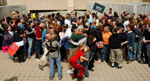 Chris Detrick | The Salt Lake Tribune&#xA;Couples participate in a kiss-in at the library square amphitheater Saturday, Aug. 15, 2009. More than 100 people participated in the event, which was held in conjunction with similar kiss-ins around the country.