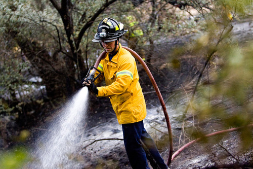 Djamila Grossman  |  The Salt Lake Tribune&#xA;&#xA;A firefighter sprays down burnt trees and shrubs after a fire broke out at Wheeler Historic Farm in Murray, Sunday, Oct. 3, 2010.