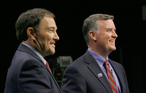 Francisco Kjolseth  |  The Salt Lake Tribune&#xA;Governor Gary Herbert, left, and gubernatorial candidate Peter Corroon get ready for their debate at the Eccles Broadcast Center on the University of Utah campus on Thursday, Sept. 23, 2010 before a live studio audience.