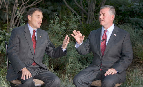 Paul Fraughton  |  The Salt Lake Tribune&#xA;Gov. Gary Herbert and  Salt Lake County Mayor Peter Corroon at a debate on Main Street in front of the KUTV studios Thursday.