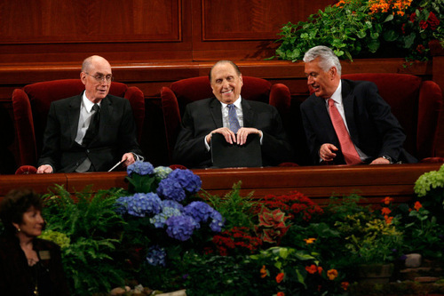 Francisco Kjolseth  |  The Salt Lake Tribune&#xA;The first presidency of the Church of Jesus Christ of Latter Day Saints, Henry B. Eyring, President Thomas S. Monson and Dieter F. Uchtdorf share a few words prior to the start of the second session of General Conference in Salt Lake City on Oct. 2, 2010.