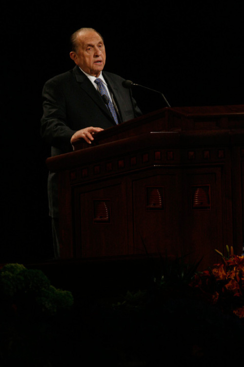 Francisco Kjolseth  |  The Salt Lake Tribune
President Thomas S. Monson of the Church of Jesus Christ of Latter Day Saints addresses those gathered for the 180th semiannual General Conference on Saturday, Oct. 2, 2010 in Salt Lake City.
Salt Lake City Oct. 2, 2010.