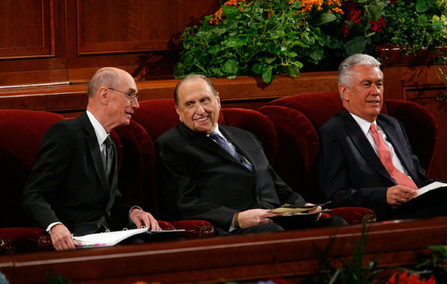 Francisco Kjolseth  |  The Salt Lake Tribune&#xA;The first presidency of the Church of Jesus Christ of Latter Day Saints, Henry B. Eyring, President Thomas S. Monson and Dieter F. Uchtdorf, from left, settle in for the first session of the 180th Semiannual General Conference on Saturday, Oct. 2, 2010.&#xA;Salt Lake City Oct. 2, 2010.
