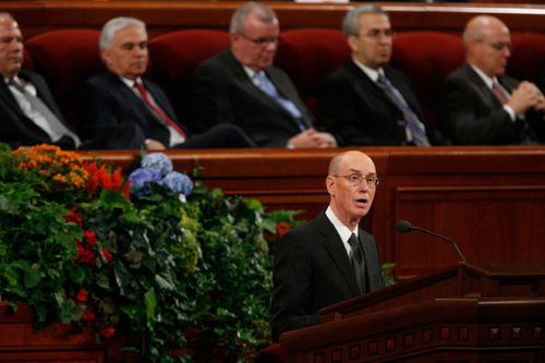 Francisco Kjolseth  |  The Salt Lake Tribune&#xA;Henry B. Eyring of the First Presidency of the Church of Jesus Christ of Latter Day Saints addresses those gathered for General Conference on Saturday, Oct. 2, 2010.&#xA;Salt Lake City Oct. 2, 2010.