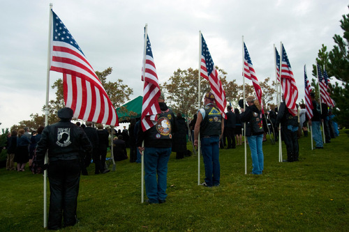 Chris Detrick  |  The Salt Lake Tribune &#xA;Members of the Patriot Guard Riders, an organization of motorcyclists who attend the funeral services of fallen American servicemen, during the burial of U.S. Army Blackhawk helicopter pilot Matthew G. Wagstaff at the Utah Veterans Memorial Park Tuesday October 5, 2010.  Wagstaff, a 10-year veteran of the Army's 101st Airborne Division, died in a Sept. 21 helicopter crash in Afghanistan. It was his second deployment to Afghanistan. He also had served in Iraq.